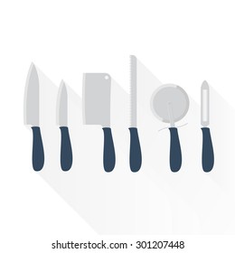 Set of kitchen knives vector illustration in flat style. Chef's knife, cleaning vegetables, cleaver, knife for bread, pizza knife, small knife icon collection.