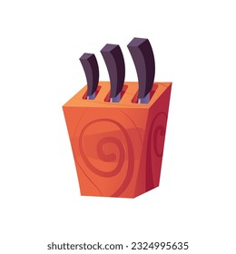 Juego de cuchillas de cocina en un soporte de madera aislado. Utensilios de cocina. Bloque de Cuchillos. Ilustración del vector de clipart en estilo de caricatura.