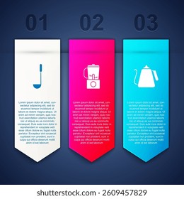 Set Kitchen ladle, Blender and Kettle with handle. Business infographic template. Vector