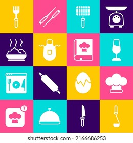 Set Kitchen ladle, Chef hat, Wine glass, Barbecue steel grid, apron, Bowl of hot soup, Fork and Cookbook icon. Vector
