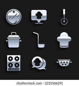 Set Kitchen ladle, Chef hat in speech bubble, colander, Gas stove, Cooking pot, Pizza knife and Cutting board icon. Vector