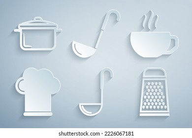 Set Kitchen ladle, Coffee cup, Chef hat, Grater, and Cooking pot icon. Vector