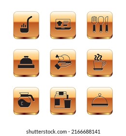 Set Kitchen ladle, Café pot, pedidos y entregas en línea, pollo asado de pavo, campana de servicio del hotel, Fork, cuchillo de cuchara, Cubierto con bandeja e icono. Vector