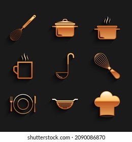 Set Kitchen ladle, colander, Chef hat, whisk, Plate, fork knife, Coffee cup, Cooking pot and  icon. Vector