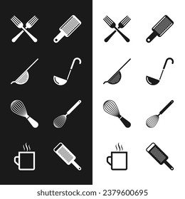 Set Kitchen ladle, colander, Crossed fork, Grater, whisk,  and Coffee cup icon. Vector