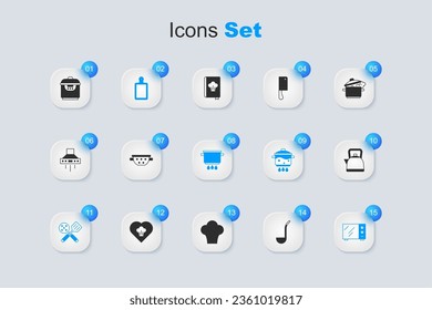 Set Kitchen ladle, colander, Cutting board, Spatula, Microwave oven, Kettle with handle, Slow cooker and Cooking pot on fire icon. Vector