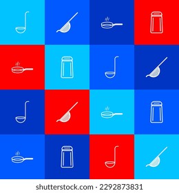 Set Kitchen ladle, colander, Frying pan and Salt pepper icon. Vector