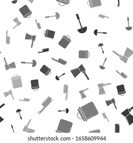 Set Kitchen ladle , Cooking pot , Coffee turk  and Meat chopper  on seamless pattern. Vector