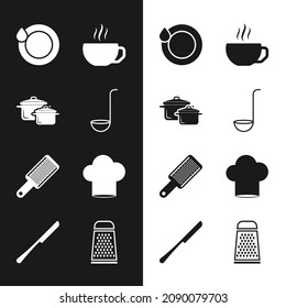 Set Kitchen ladle, Cooking pot, Washing dishes, Coffee cup, Grater, Chef hat,  and Knife icon. Vector