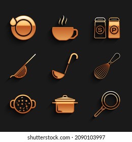 Set Kitchen ladle, Cooking pot, Frying pan, whisk, soup, colander, Salt pepper and Washing dishes icon. Vector