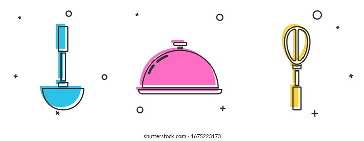 Set Kitchen ladle , Covered with a tray of food  and Kitchen whisk  icon. Vector