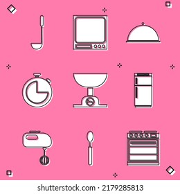 Set Kitchen ladle, Electronic scales, Covered with tray, timer, Refrigerator, Electric mixer and Spoon icon. Vector