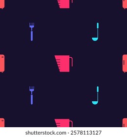 Set Kitchen ladle, Fork, Measuring cup and Refrigerator on seamless pattern. Vector