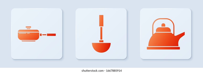 Set Kitchen ladle , Frying pan  and Kettle with handle . White square button. Vector