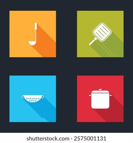 Set Kitchen ladle, Frying pan, colander and Cooking pot icon. Vector