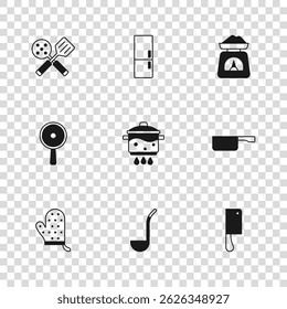 Set Kitchen ladle, Frying pan, Meat chopper, Cooking pot on fire, Scales, Spatula, Refrigerator and  icon. Vector