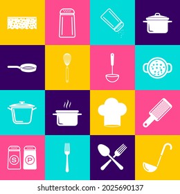 Set Kitchen ladle, Grater, Cooking soup in pot, Salt and pepper, whisk, Frying pan, Sponge with bubbles and  icon. Vector