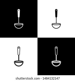 Set Kitchen ladle icon isolated on black and white background. Cooking utensil. Cutlery spoon sign.  Vector Illustration