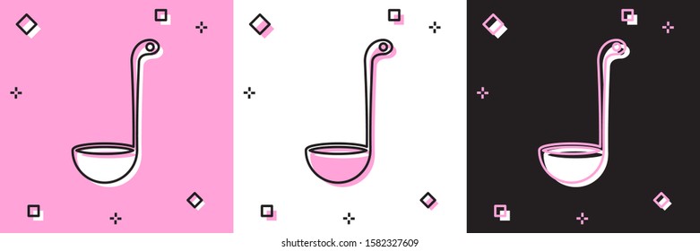 Set Kitchen ladle icon isolated on pink and white, black background. Cooking utensil. Cutlery spoon sign.  Vector Illustration