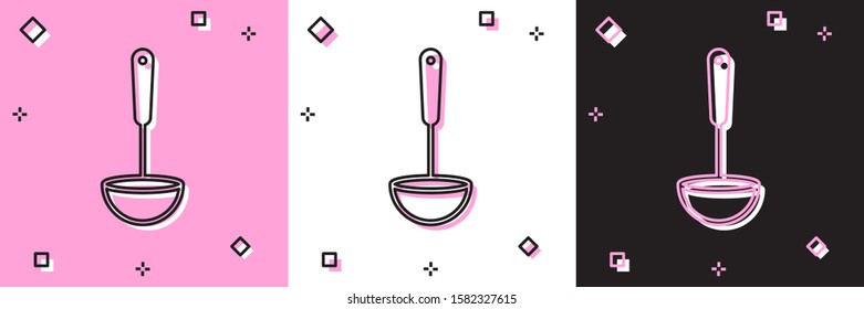 Set Kitchen ladle icon isolated on pink and white, black background. Cooking utensil. Cutlery spoon sign.  Vector Illustration