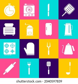 Set Kitchen ladle, Kettle with handle, Bread knife, Manual coffee grinder, Toaster toasts, timer and Refrigerator icon. Vector