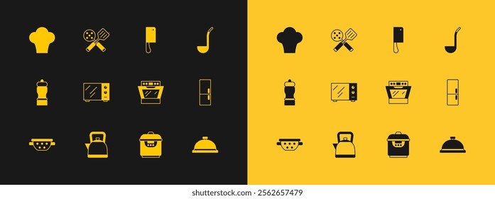 Set Kitchen ladle, Kettle with handle, Oven, Slow cooker, Microwave oven, Meat chopper, Chef hat and Spatula icon. Vector