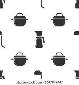Set Kitchen ladle , Measuring cup and Cooking pot  on seamless pattern. Vector