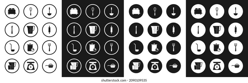 Set Kitchen ladle, Measuring cup, Knife, Toaster with toasts, Rolling pin, whisk, Fork and icon. Vector