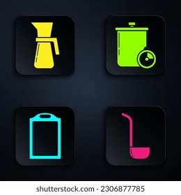 Set Kitchen ladle , Measuring cup, Cutting board  and Cooking pot and kitchen timer . Black square button. Vector