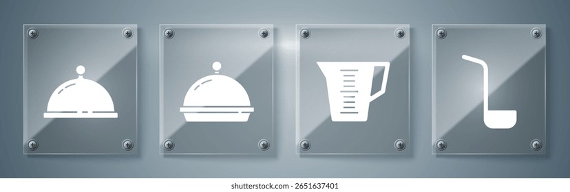 Conjunto de concha de cozinha, copo de medição, Coberto com bandeja de comida e Coberto com bandeja de comida. Painéis de vidro quadrados. Vetor