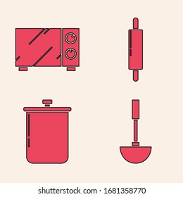 Set Kitchen ladle , Microwave oven , Rolling pin  and Cooking pot  icon. Vector