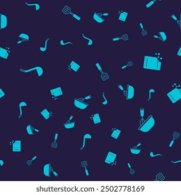 Set Kitchen ladle, Packet of pepper, Spatula and Cooking whisk with bowl on seamless pattern. Vector