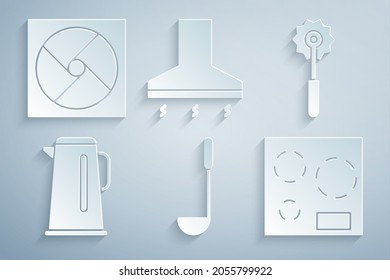 Set Kitchen ladle, Pizza knife, Kettle with handle, Electric stove, extractor fan and Ventilation icon. Vector