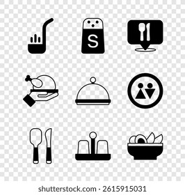 Set Kitchen ladle, Salt, Cafe and restaurant location, Knife spoon, pepper, Nachos in plate, Roasted turkey or chicken and Covered with tray icon. Vector