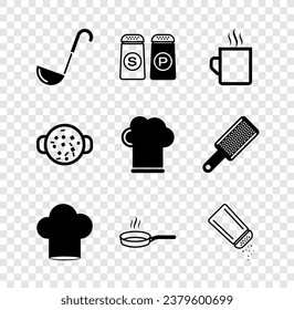Kochschinken, Salz und Pfeffer, Kaffeetasse, Kochmütze, Bratpfanne, Kochsuppe und Ikone. Vektorgrafik