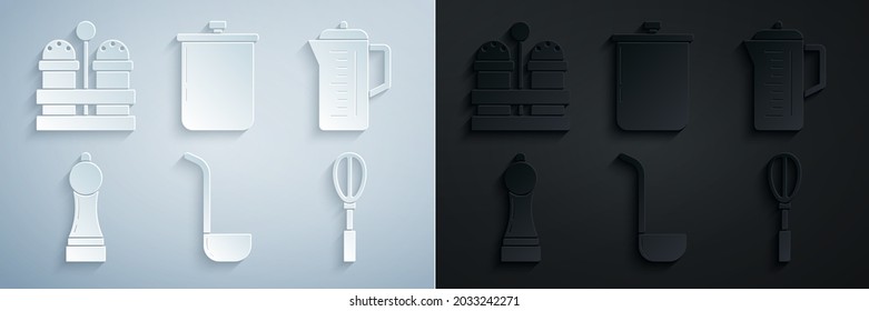 Set Kitchen ladle, Teapot, Pepper, whisk, Cooking and Salt and pepper icon. Vector