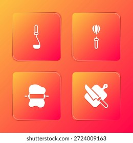 Set Küchenpfanne, Whisk, Rollnadel auf Teig und Schneidebrett und Messersymbol. Vektorgrafik