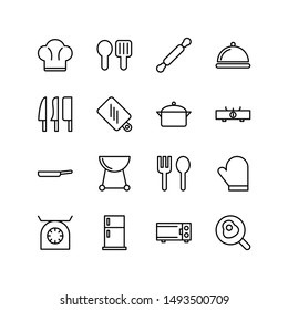 Set of kitchen line icon design, such as cutting board, spoon, microwave, knife and others. Black outline vector icons, isolated against the white background.