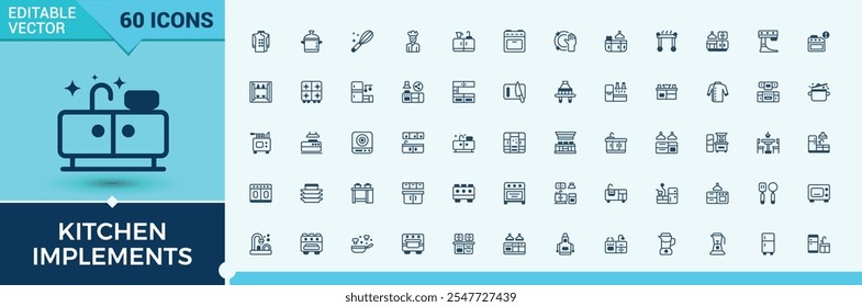 Set of Kitchen line icons. Contains such icons as bowl, icon, eatery, chef, linear, board, simple and more. Simple web icons. Solid line editable stroke. Vector line and solid icons.