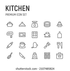 Set of kitchen line icons. Premium pack of signs in trendy style. Pixel perfect objects for UI, apps and web.