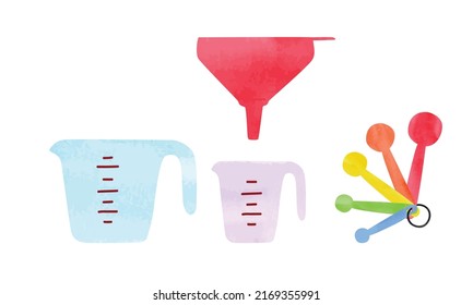 Set of kitchen measuring cups, measuring spoons and funnel watercolor style vector isolated on white background. Measuring cup and measuring spoons use in cooking clipart. Kitchen utensils cartoon