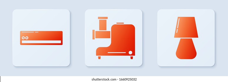 Set Kitchen meat grinder , Air conditioner  and Table lamp . White square button. Vector
