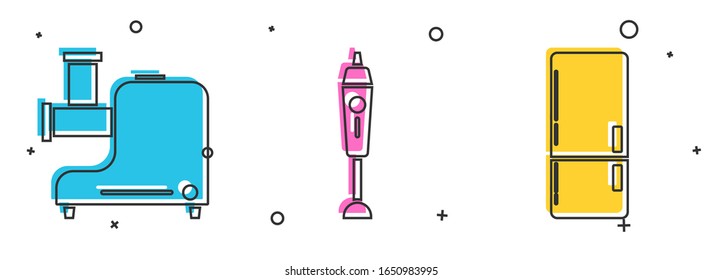 Set Kitchen meat grinder , Blender  and Refrigerator  icon. Vector