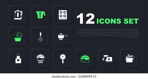 Set Kitchen meat grinder, Cooking pot, Spatula, and spice, on fire, Measuring cup and Frying pan icon. Vector