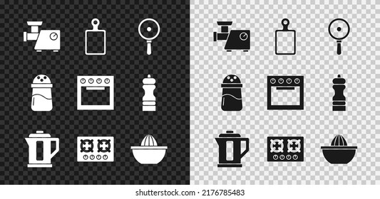 Set Kitchen meat grinder, Cutting board, Frying pan, Electric kettle, Gas stove, Citrus fruit juicer, Salt and Oven icon. Vector
