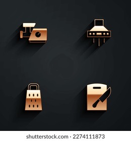 Set Kitchen meat grinder, extractor fan, Grater and Cutting board and knife icon with long shadow. Vector