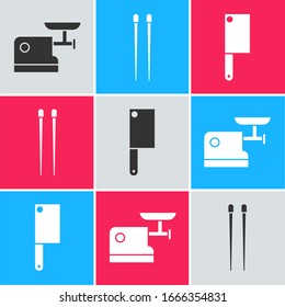 Ponga el picador de carne de cocina, los palillos de comida y el icono del helicóptero de carne. Vector