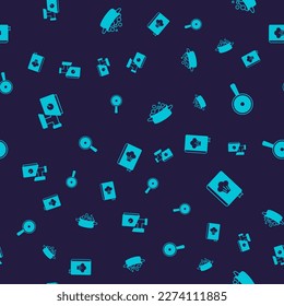 Set Kitchen meat grinder, Frying pan, Cooking pot and Cookbook on seamless pattern. Vector