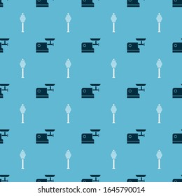 Set Kitchen meat grinder and Honey dipper stick on seamless pattern. Vector