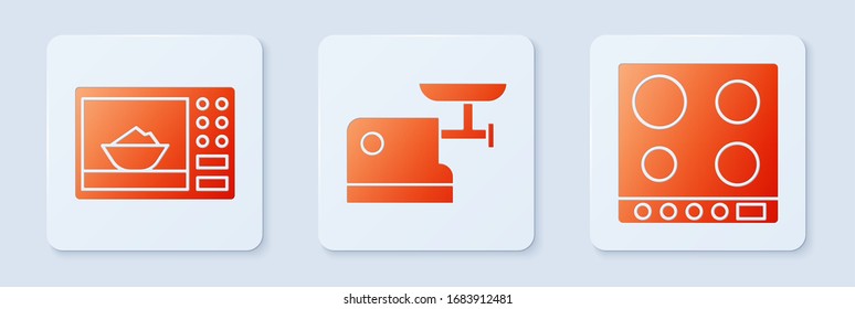 Set Kitchen meat grinder, Microwave oven and Gas stove. White square button. Vector